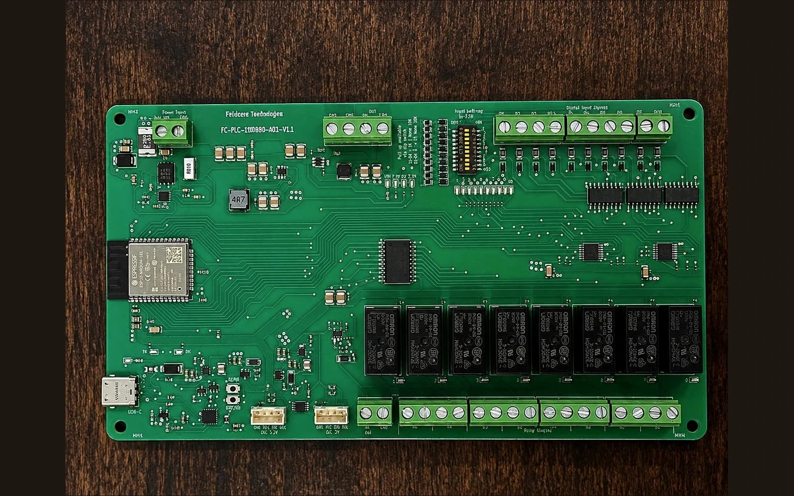 PLC V1.1 rotated top product view on wood surface